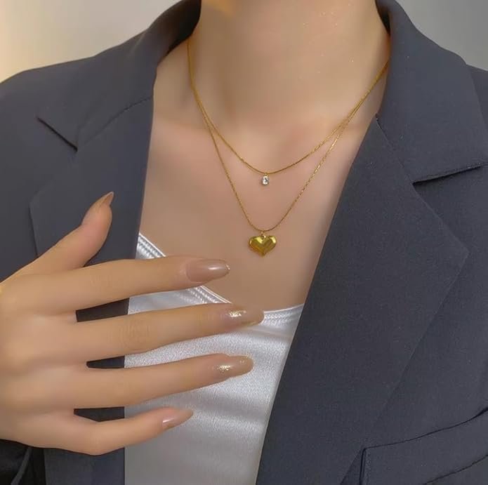 Double Layer Gold-Plated Necklace, Heart Pendant with Crystal Charm - Image 4