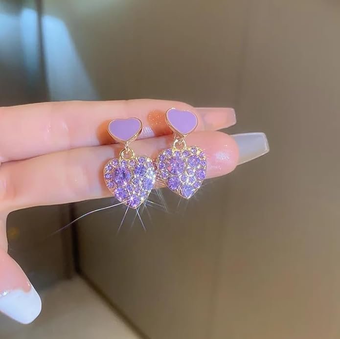 Heart-Shaped Drop Earrings, Gold-Toned, Lavender Crystal Rhinestones, Purple Enamel - Image 2