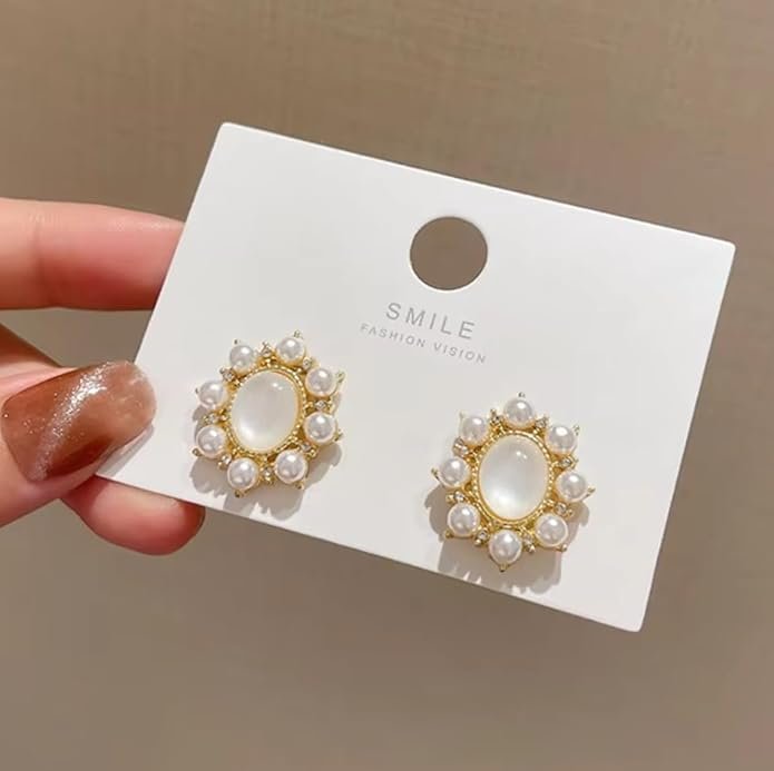 Elegant Pearl Stud Earrings, Gold-Toned Floral Design, White Pearl Centre with Small Pearl Accents - Image 2