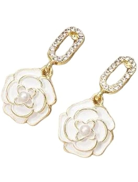 Elegant White Rose Drop Earrings, Pearl Centre, Gold-Toned - Image 2