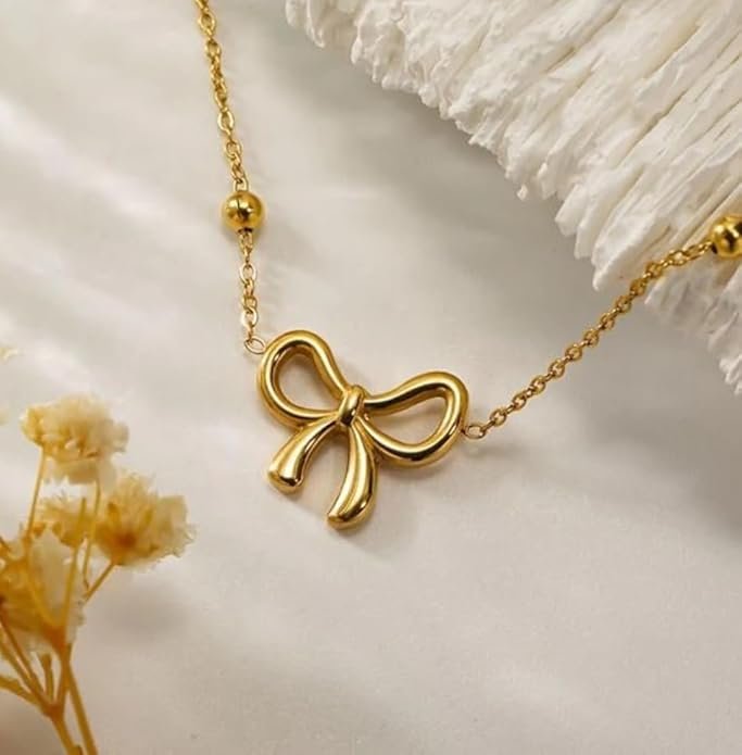Dainty Gold-Toned Bow Pendant Necklace with Gold Plated Beaded Chain - Image 2