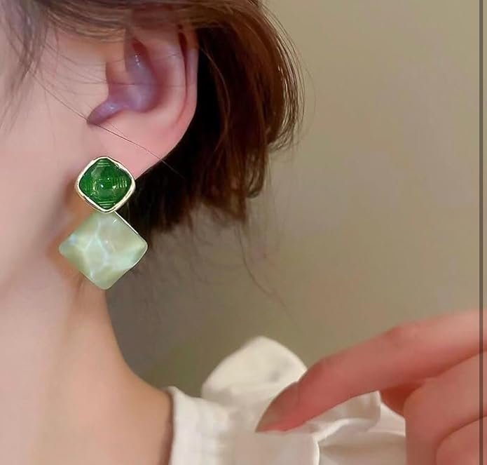 Geometric Double Diamond Drop Earrings, Green and Cream Enamel - Image 9