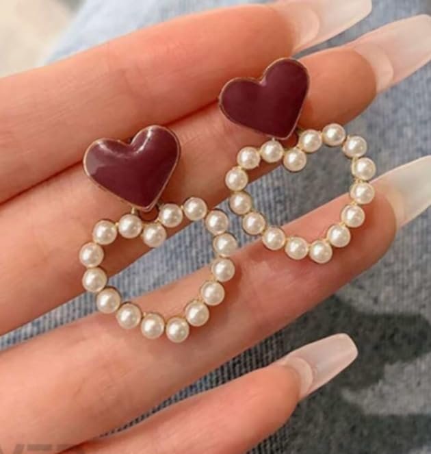 Heart Pearl Drop Earrings, Red Enamel Heart with Faux Pearl Circle - Image 4