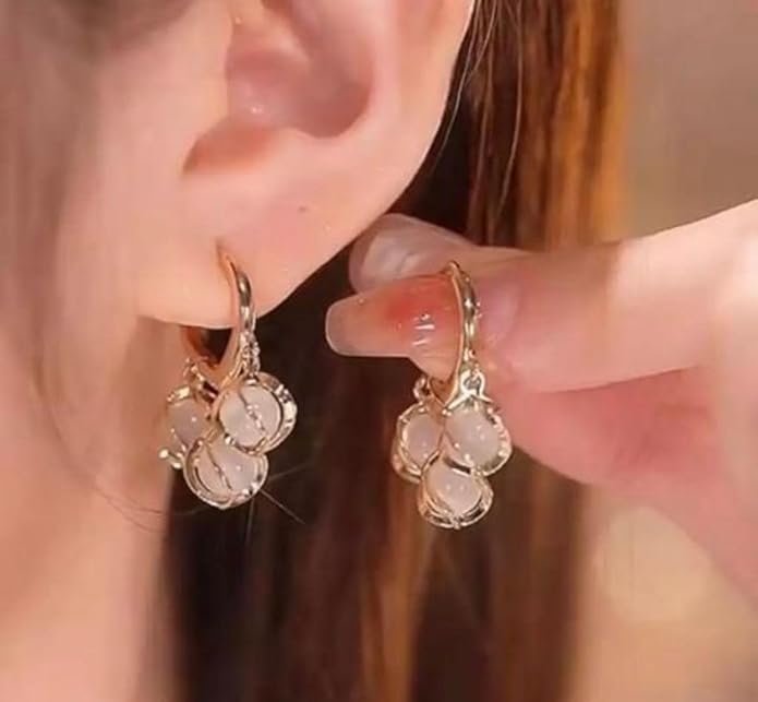 Gold-Plated Drop Earrings with White Pearl Beads, Triple Dangle Design - Image 3