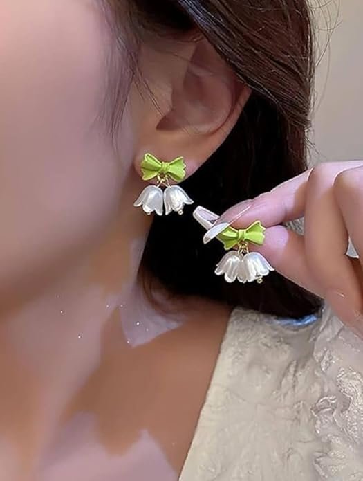 Floral Drop Earrings with Green Bow and White Petal Dangles - Image 2