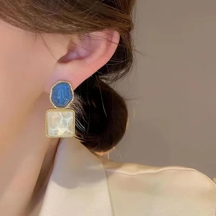 Geometric Drop Earrings, Blue and White Marble Effect