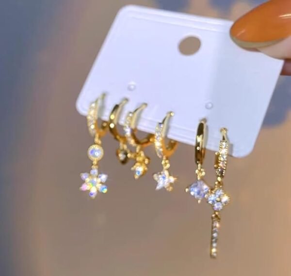 Crystal Crescent Moon Dangle Earrings, Gold-Plated, Star Charm with Cubic Zirconia - Image 2