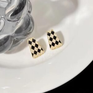 Geometric Diamond Pattern Stud Earrings, Black and Gold, Pearl Accents