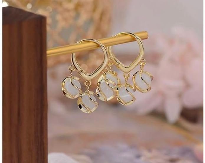 Gold-Plated Drop Earrings with White Pearl Beads, Triple Dangle Design
