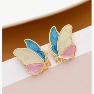 Butterfly Stud Earrings, Tri-Color Enamel Design, Pink Blue White, Gold-Tone Metal