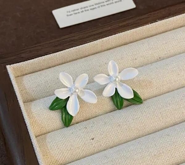 White Floral Stud Earrings with Green Leaves, Pearl Centre, 2.5 cm - Image 6