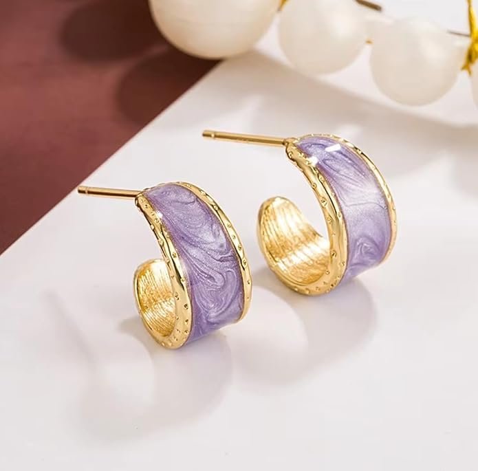Gold-Tone Hoop Earrings with Purple Enamel, Small Huggie Design