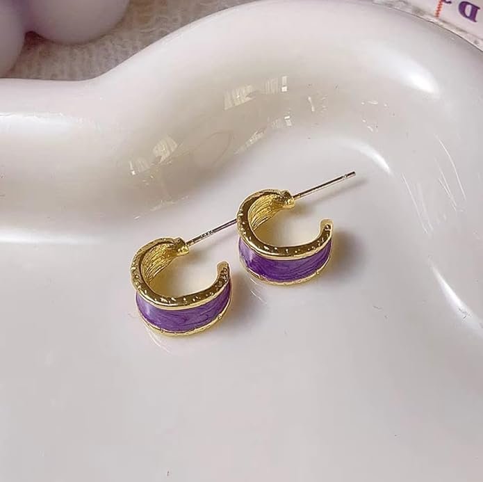 Gold-Tone Hoop Earrings with Purple Enamel, Small Huggie Design - Image 3