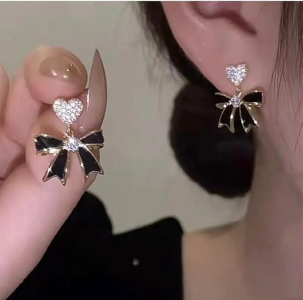 Bow Stud Earrings with Pave Rhinestones, Black and Gold - Image 2