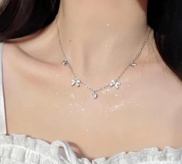 Butterfly Charm Chain Necklace, Silver-Tone, Crystal Rhinestone Pendant - Image 3