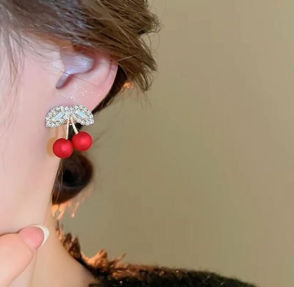 Crystal Cherry Stud Earrings, Red Pearl Cherries with Rhinestone Leaves - Image 3