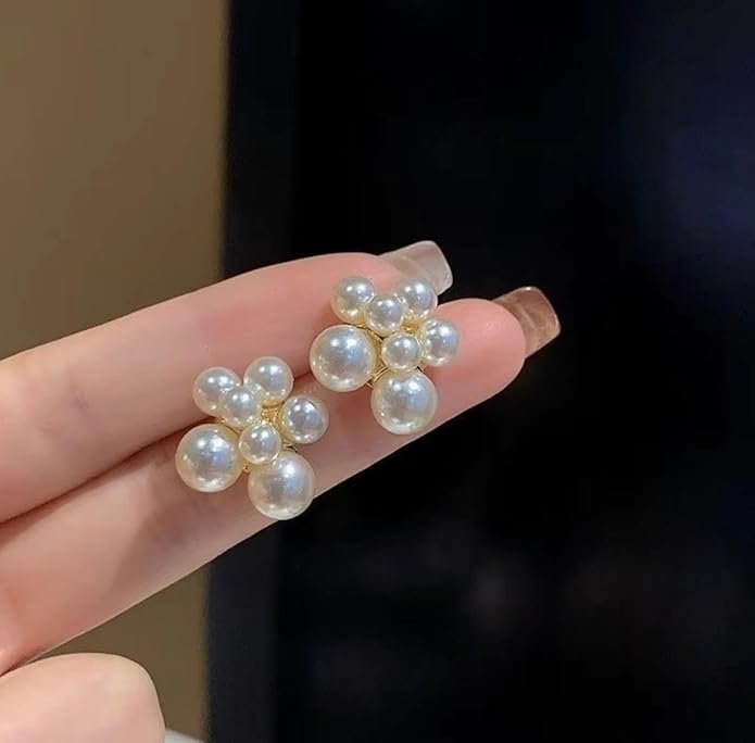 Faux Pearl Cluster Stud Earrings, Gold-Tone Base, Cream White - Image 3