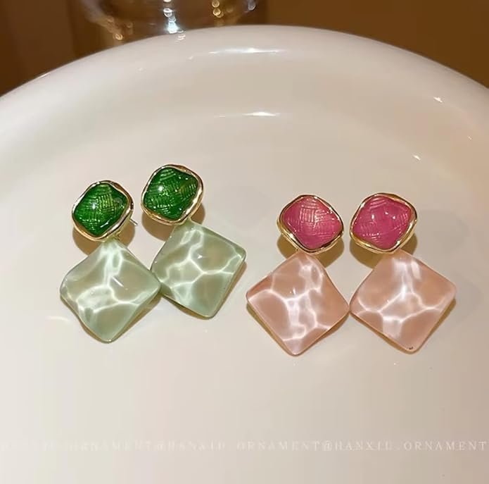 Geometric Double Diamond Drop Earrings, Green and Cream Enamel