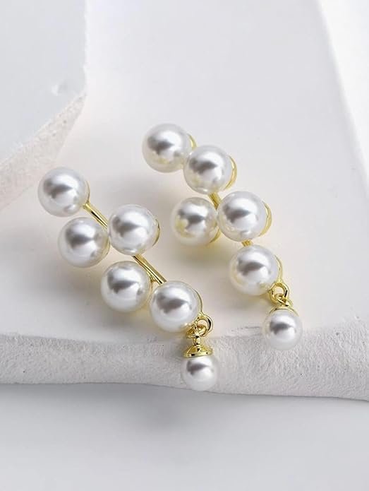Elegant Pearl Drop Earrings, Gold-Toned Metal, 6-Pearl Cascade Design, White - Image 2