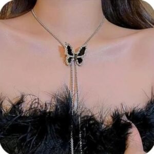 Vintage Butterfly Chain Threader Necklace, Black Metal, Pendant Style