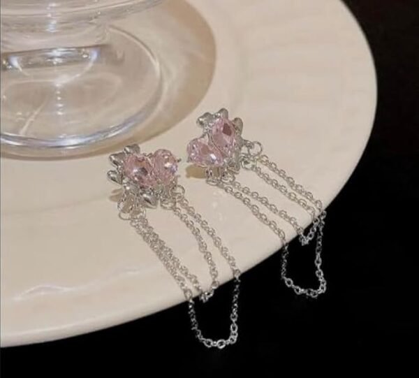 Crystal Drop Chain Earrings, Pink Teardrop Gems, Silver-Tone Dangle Chains - Image 2