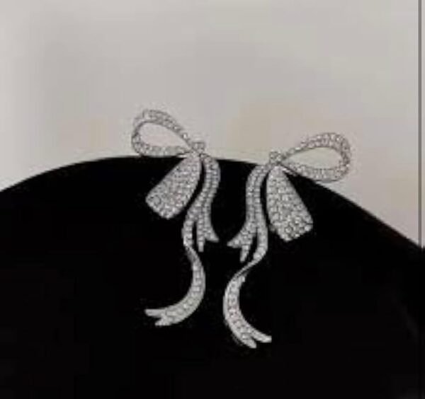 Crystal Rhinestone Bow Earrings, Double Ribbon Design, Silver - Image 3