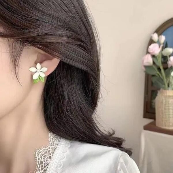White Floral Stud Earrings with Green Leaves, Pearl Centre, 2.5 cm - Image 3
