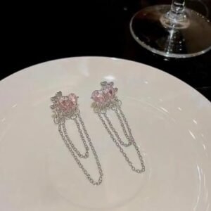 Crystal Drop Chain Earrings, Pink Teardrop Gems, Silver-Tone Dangle Chains