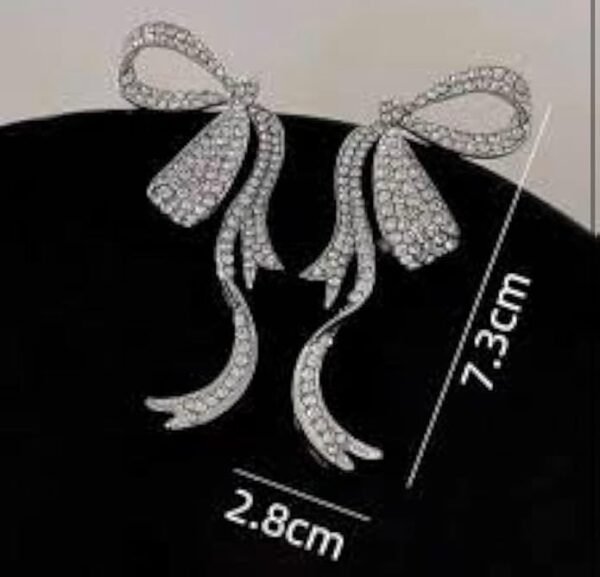 Crystal Rhinestone Bow Earrings, Double Ribbon Design, Silver - Image 4
