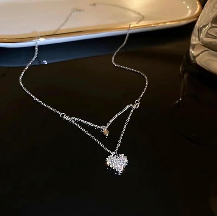 Layered Heart Pendant Necklace, Silver-Toned Chain, Adjustable Length - Image 4