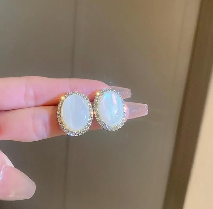 Oval Mother of Pearl Stud Earrings with Crystal Rhinestone Border