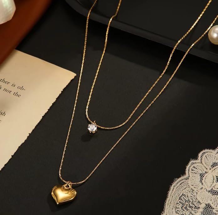 Double Layer Gold-Plated Necklace, Heart Pendant with Crystal Charm - Image 2