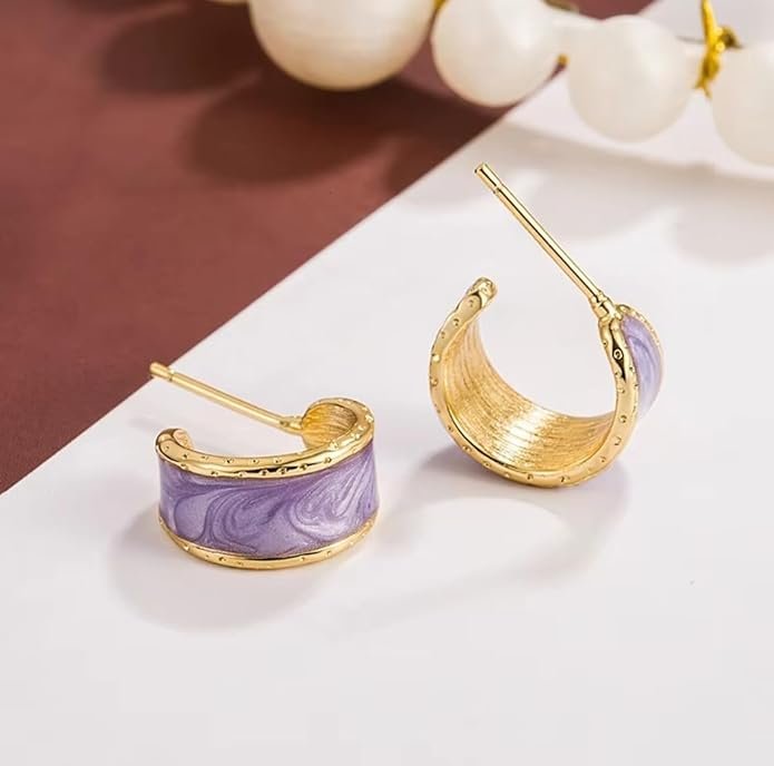 Gold-Tone Hoop Earrings with Purple Enamel, Small Huggie Design - Image 2