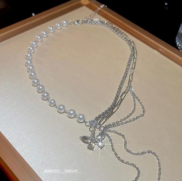 Elegant Pearl Necklace with Crystal Butterfly Pendant, White - Image 3