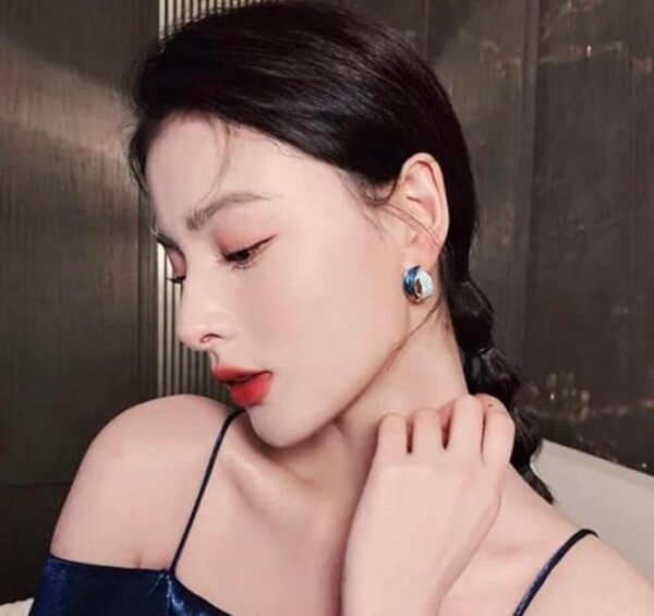 Two-Tone Enamel Earrings, Navy Blue and Turquoise - Image 2
