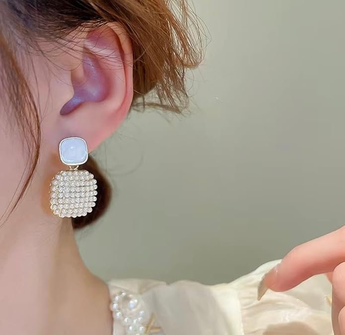 Pearl Drop Earrings, Square Mother of Pearl Stud - Image 5