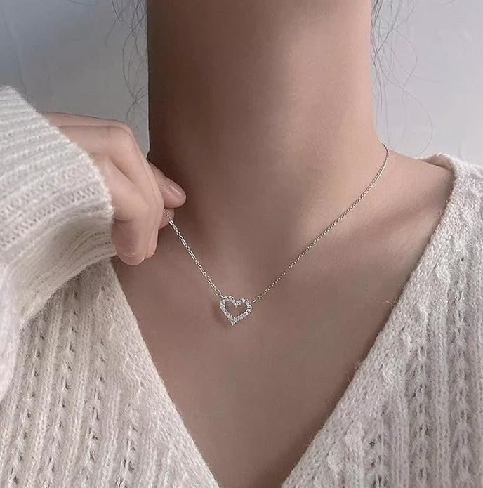 Rhinestone Heart Pendant Necklace, Sterling Silver - Image 4
