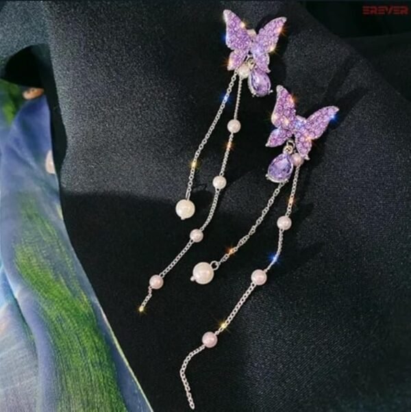 Crystal Butterfly Drop Earrings with Pearl Beads, Purple, Silver Chain Dangle - Image 3