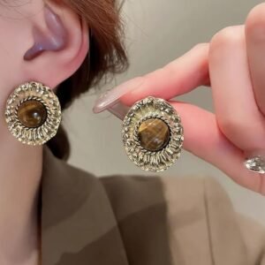 Vintage Style Round Clip-on Earrings, Tiger's Eye Stone