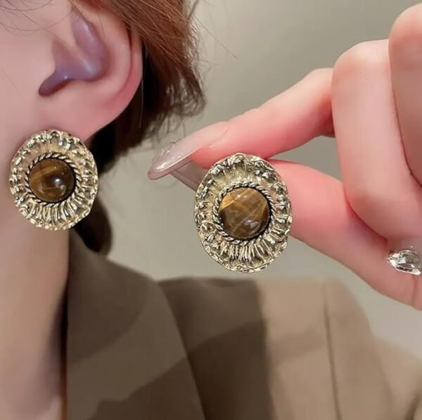 Vintage Style Round Clip-on Earrings, Tiger's Eye Stone