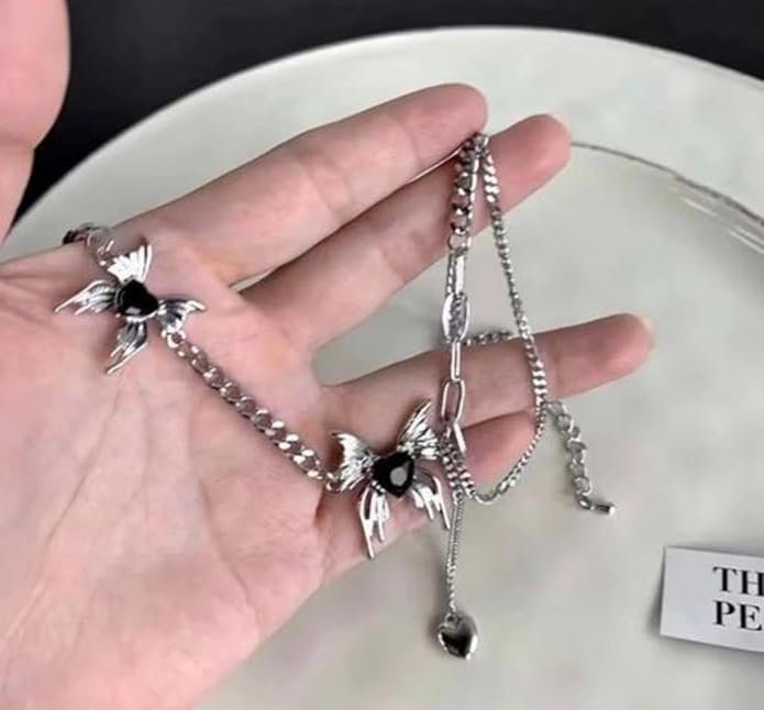 Elegant Floral Necklace with Heart Pendant, Black Crystal Accent - Image 2