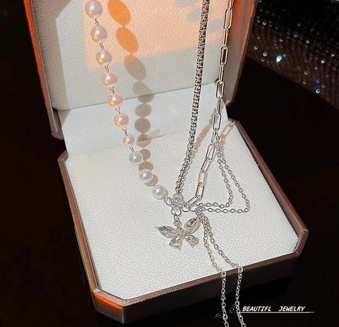 Elegant Pearl Necklace with Crystal Butterfly Pendant, White - Image 2