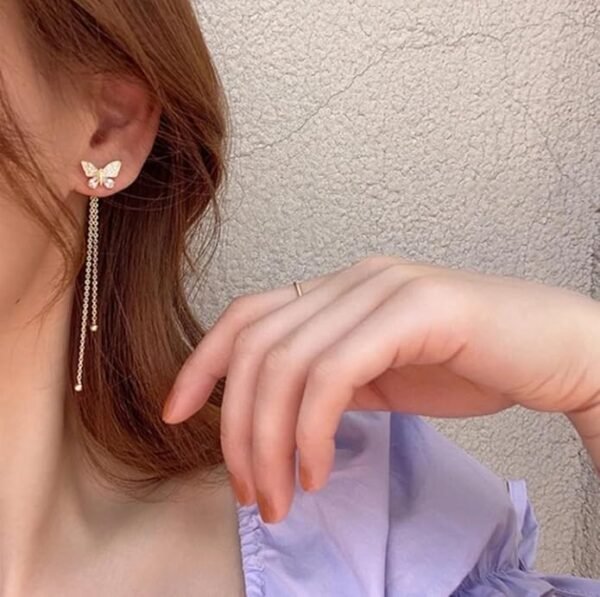 Crystal Butterfly Drop Earrings, Gold-Plated Chain Tassel, Rhinestone Studded - Image 2