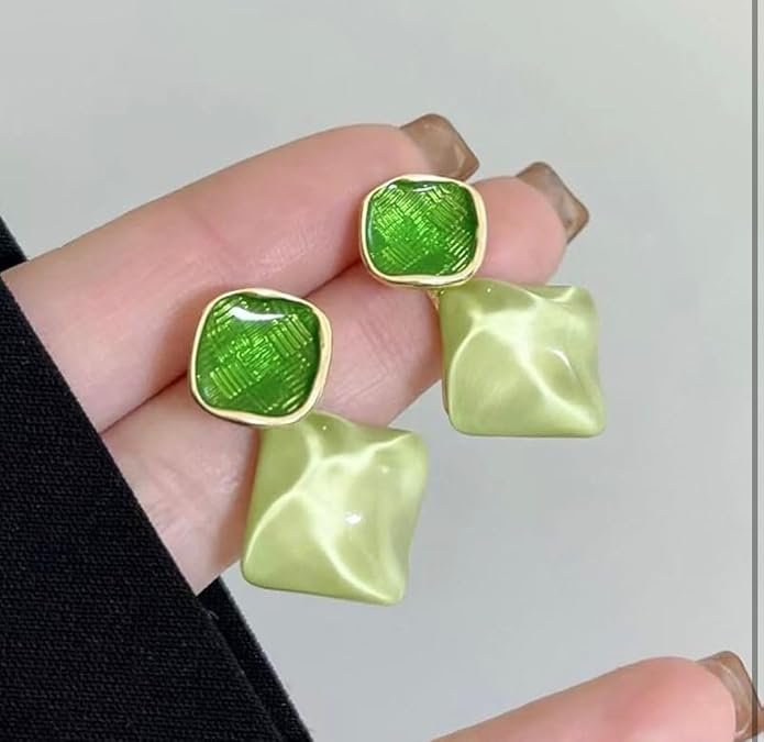 Geometric Double Diamond Drop Earrings, Green and Cream Enamel - Image 8