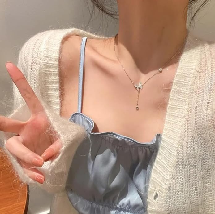 Elegant Butterfly Crystal Pendant Necklace, Silver Chain with Rhinestone Drop - Image 4