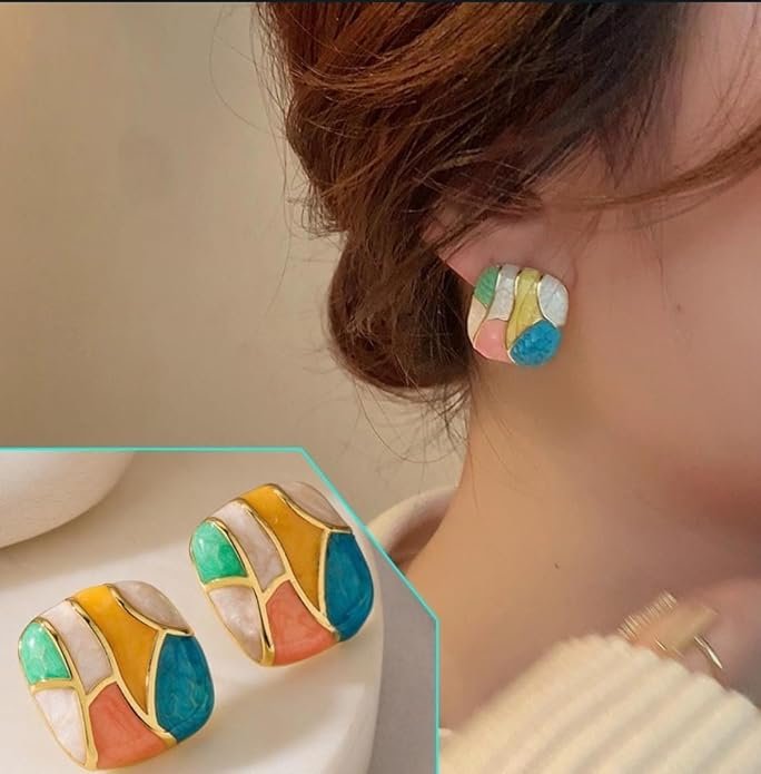 Geometric Square Stud Earrings, Multi-Color Enamel Design