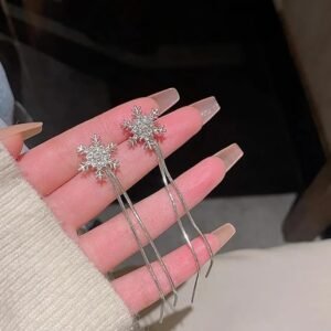 Snowflake Crystal Drop Earrings, Long Chain Design, Silver