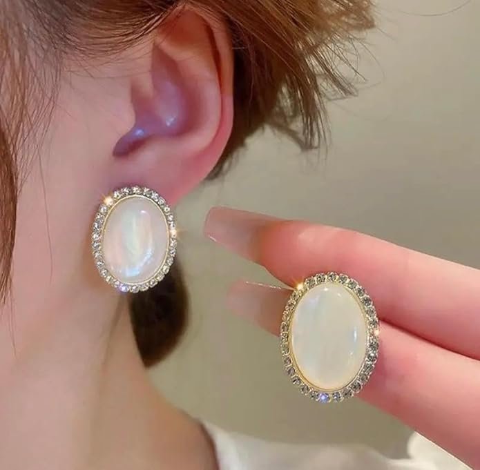 Oval Mother of Pearl Stud Earrings with Crystal Rhinestone Border - Image 3