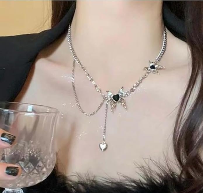 Elegant Floral Necklace with Heart Pendant, Black Crystal Accent - Image 3