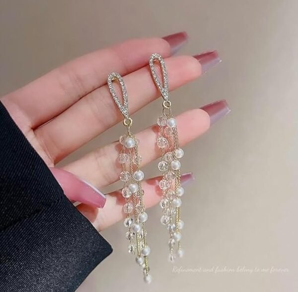 Crystal Pearl Dangle Earrings, Gold-Toned Chain Tassel - Image 2